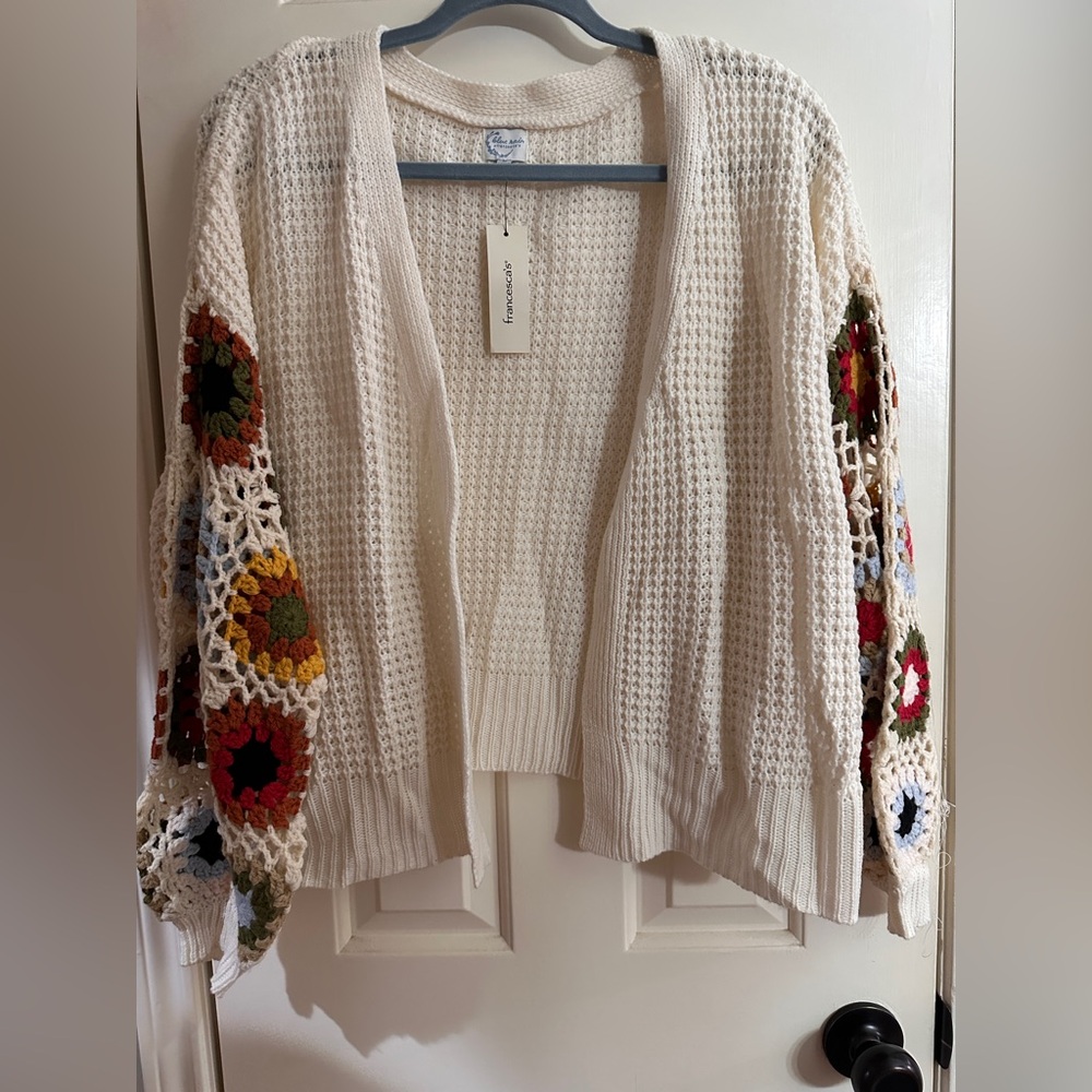 Blue Rain - Cream Cardigan with Colorful Crochet Sleeves
